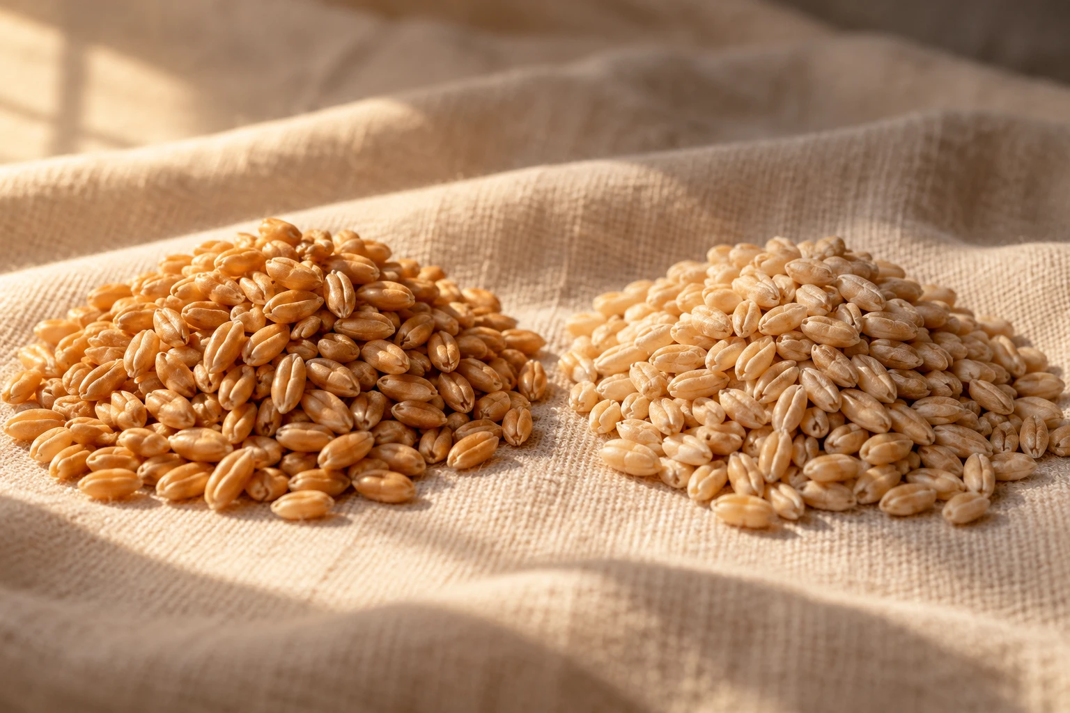 Two heaps of wheat grain side by side, one more golden than the other