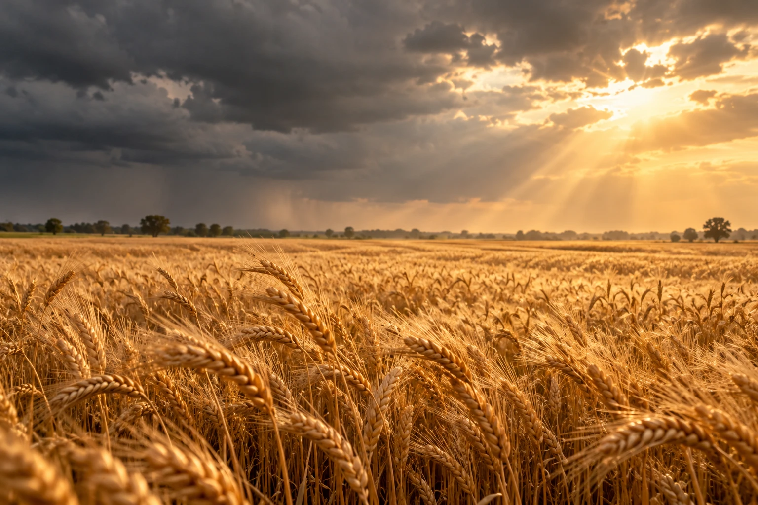 A wheat field under storm clouds with sunlight breaking through